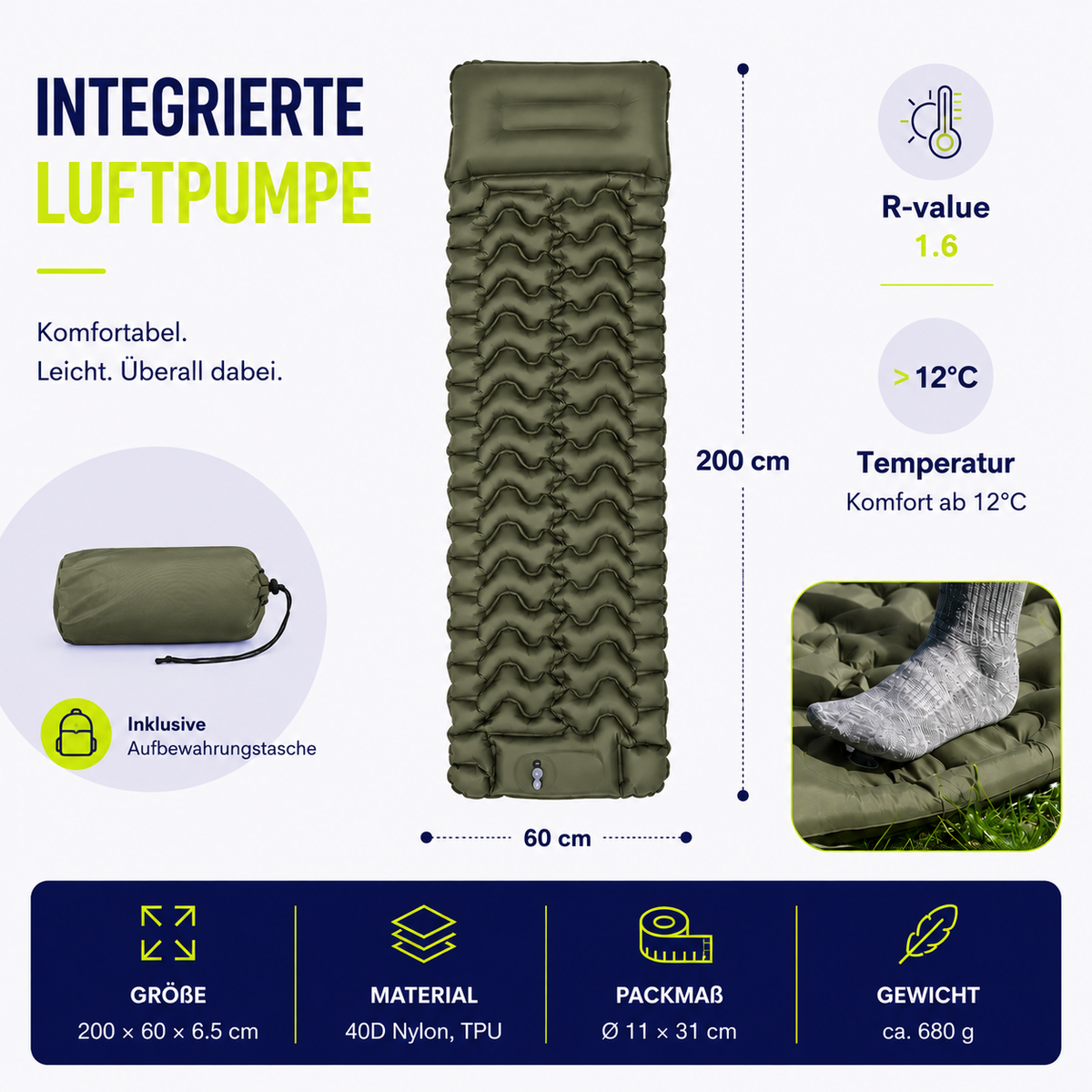 Outdoor-Schlafmatte mit integrierter Fußpumpe – Erholsamer Schlaf für jedes Abenteuer