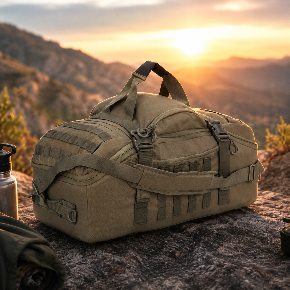 3-Wege-Reisetasche in Oliv mit MOLLE-Gurtband auf einem Felsen