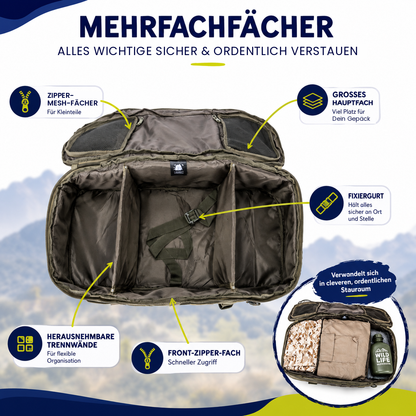 3-Wege-Reisetasche geöffnet, Hauptfach mit herausnehmbaren Trennwänden und Mesh-Fächern im Deckel