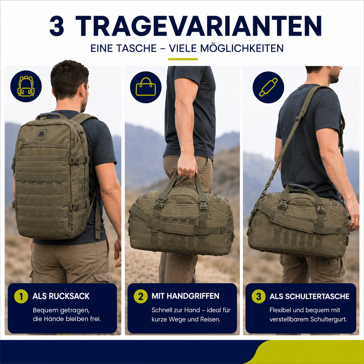 3-Wege-Reisetasche als Rucksack, mit Handgriffen und als Schultertasche getragen